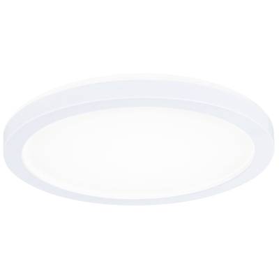 Rund, hvid LED-loftslampe foran lys baggrund, viser moderne design.