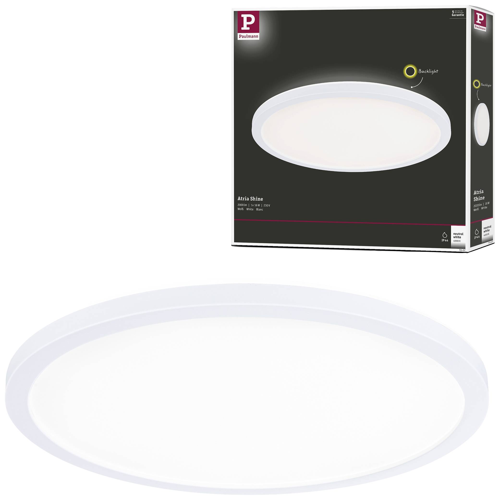 Rund, hvid LED-loftslampe i en emballage. Emballagen viser tydeligt lampens design, perfekt til moderne interiør.