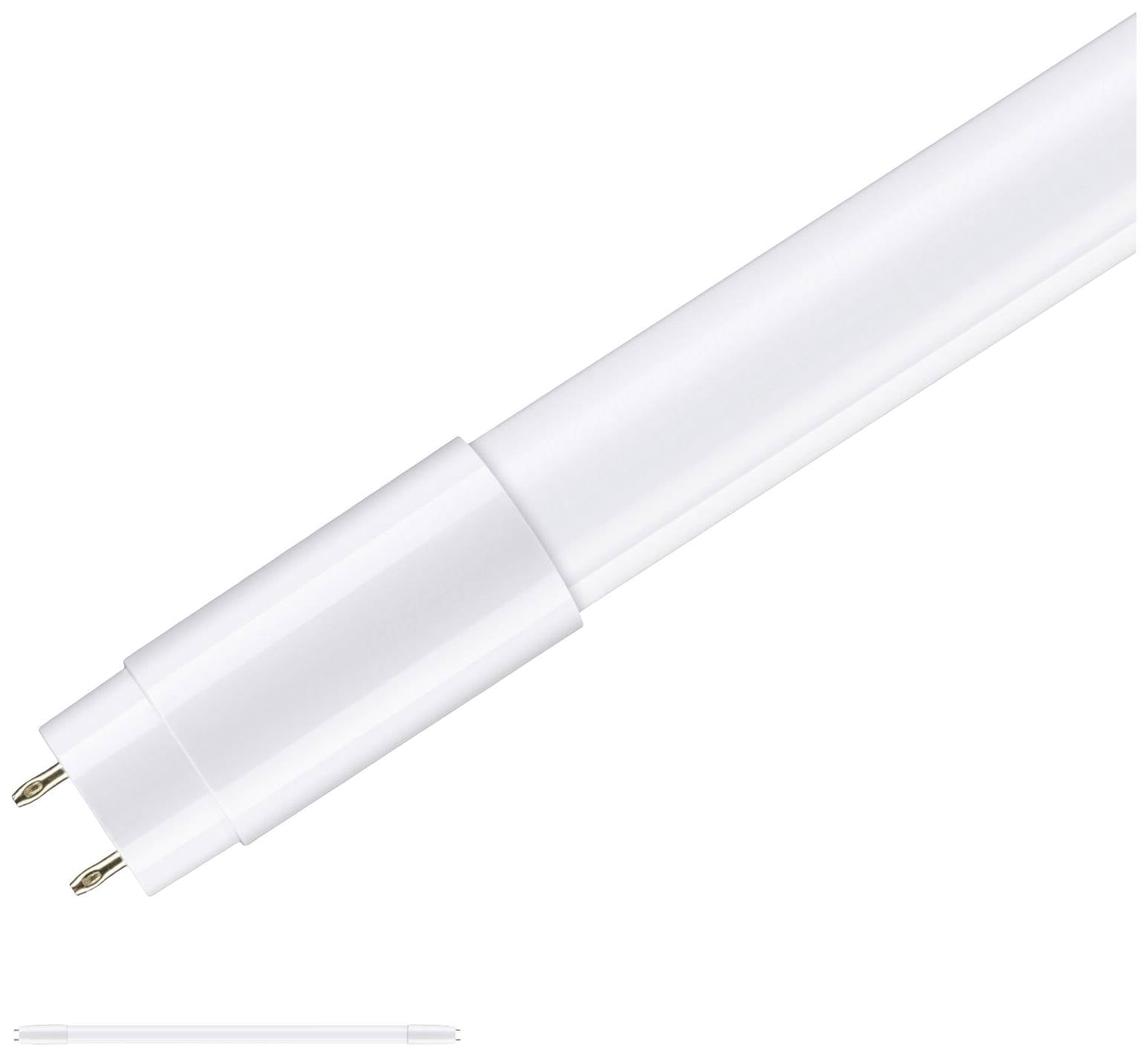 En hvid LED-lysstofrør med to metalstifter i den ene ende, vist skråt fra venstre øverst til højre nederst.