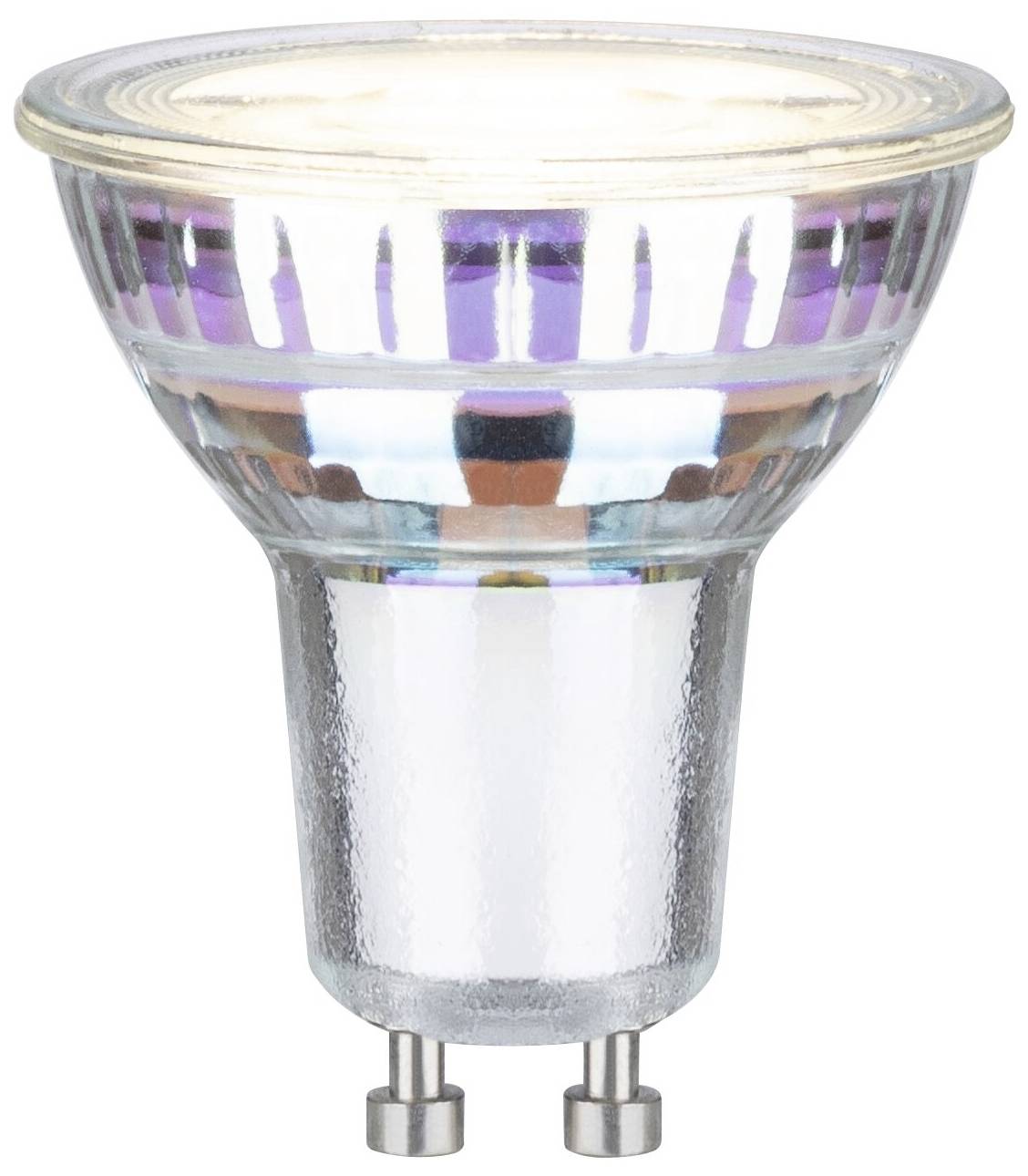 En enkelt LED-spotlampe med GU10-fatning, vist på en hvid baggrund.