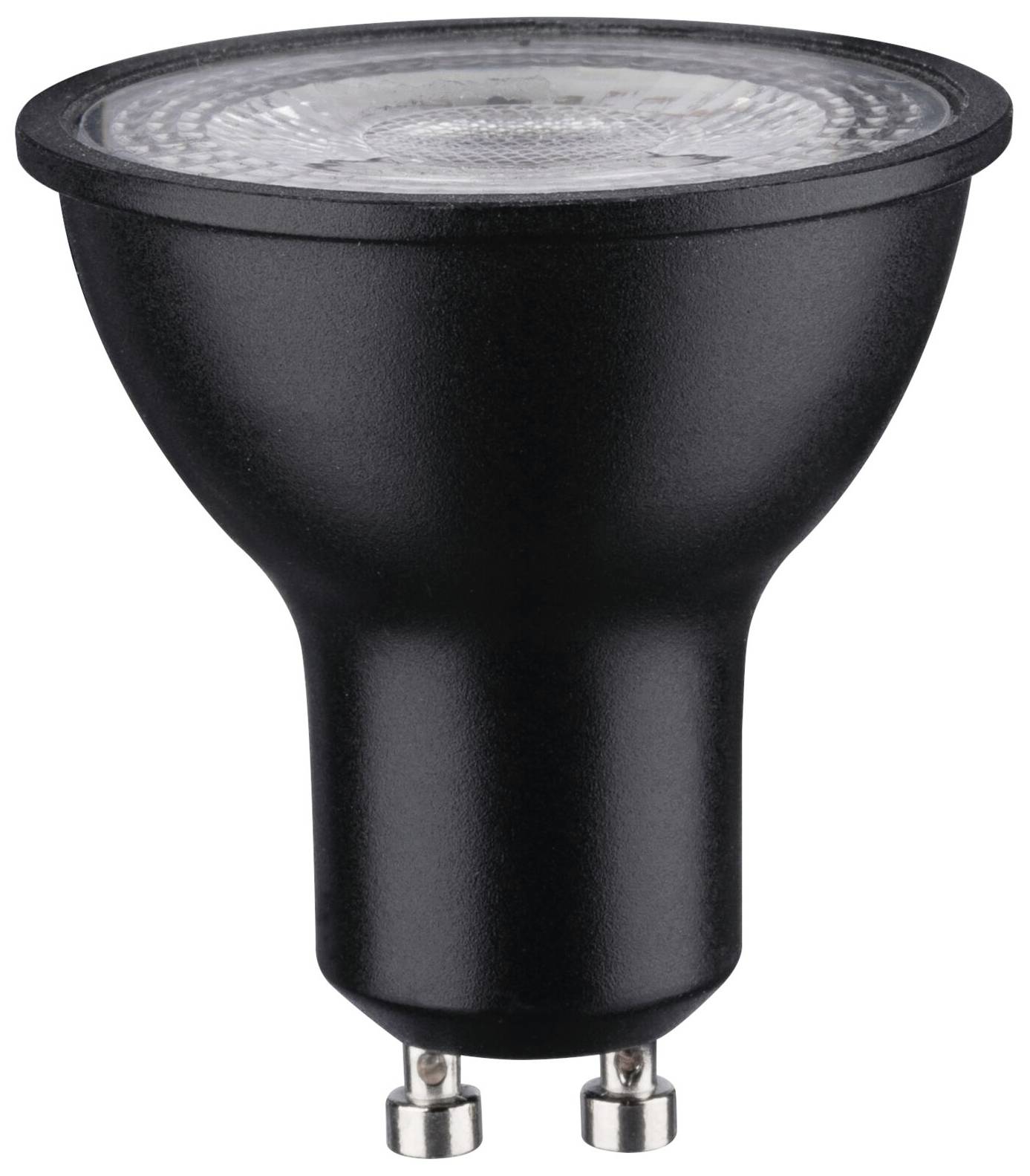Sort LED-spotlampe med GU10-fatning, egnet til belysning i loftsarmaturer eller væglamper.