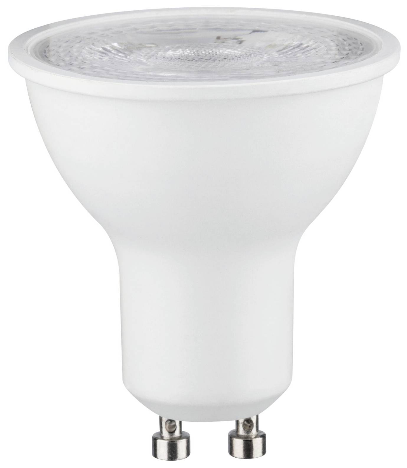 En hvid LED-pære med GU10-sokkel, egnet til energieffektiv belysning, foran hvid baggrund.