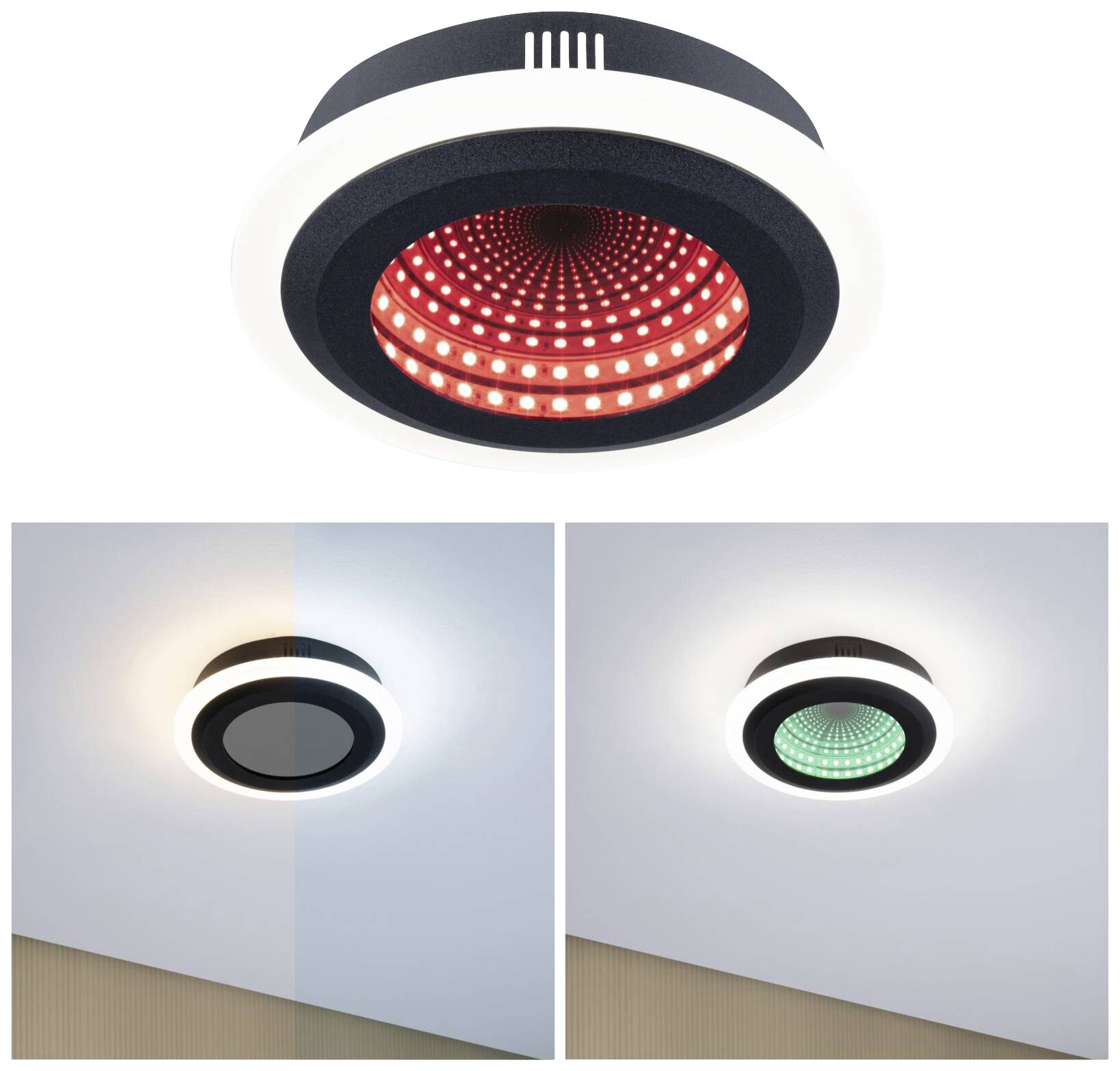 Rund loftslampe med LED-belysning, der kan lyse i forskellige farver. To visninger viser lampen fra forskellige vinkler.