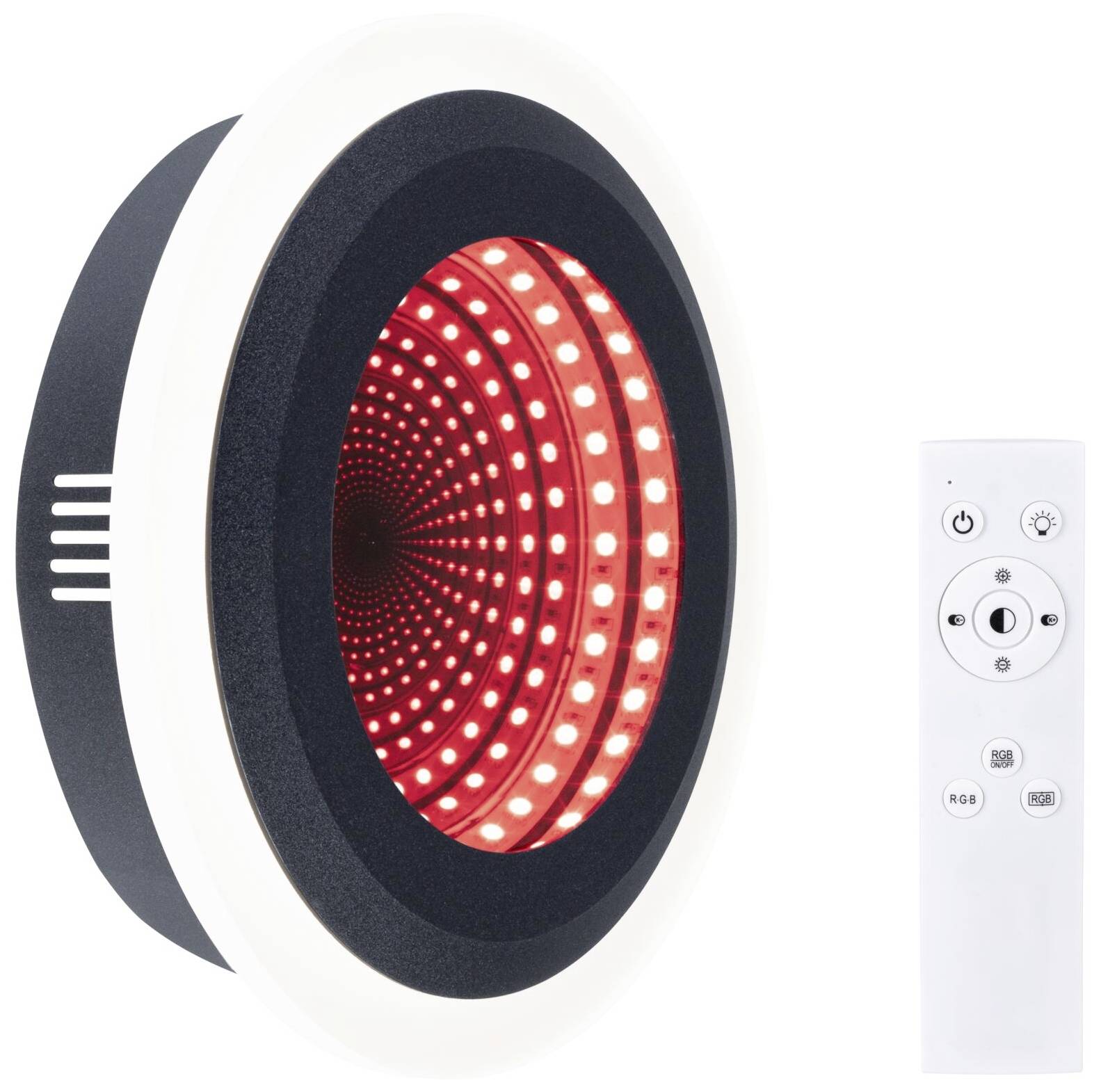 En sort, rund LED-lyseffekt med en rød, cirkelformet lysring. Ved siden af ligger en hvid fjernbetjening med flere knapper.