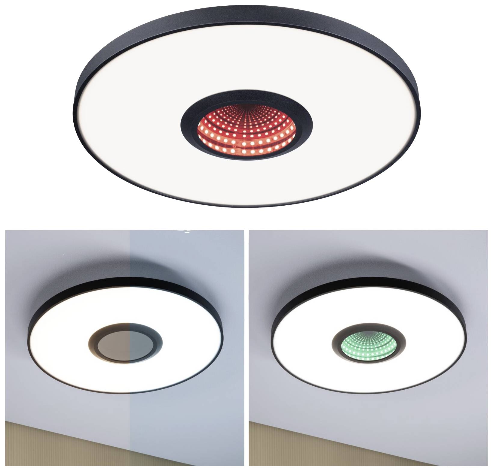 Loftslampe med cirkulær design og LED-belysning i rød, hvid og grøn. Viser farveskiftfunktion i indendørs miljø.