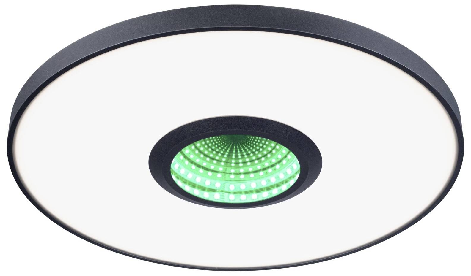 Rund loftslampe med central grøn LED-sektion og sort kant. Minimalistisk design, perfekt til moderne interiører.