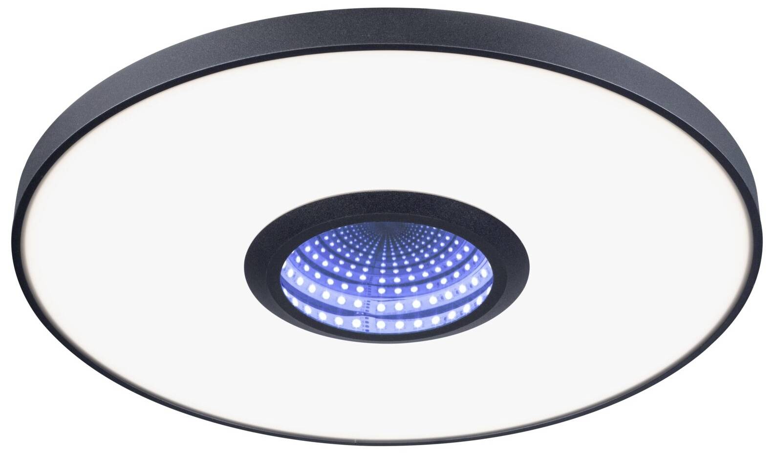 Rund LED-loftslampe med hvid kant og blåt lys i midten, futuristisk design, egnet til moderne indendørsarealer.