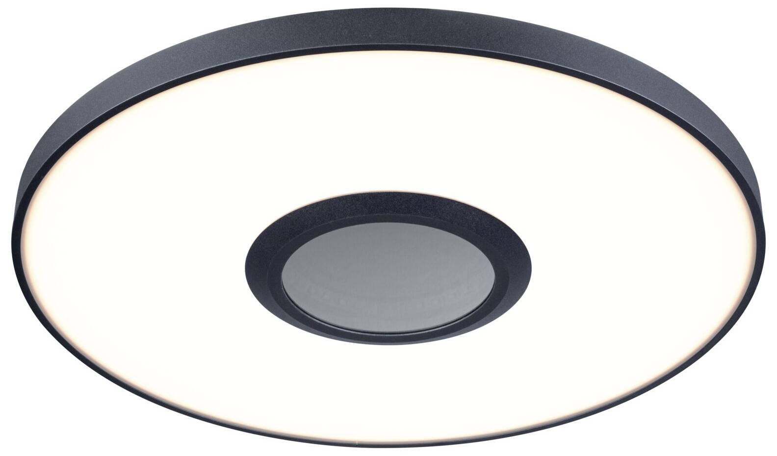 Rund loftslampe med moderne design, sort ramme og lysende LED-lysring. Central afdækning understreger den minimalistiske stil.