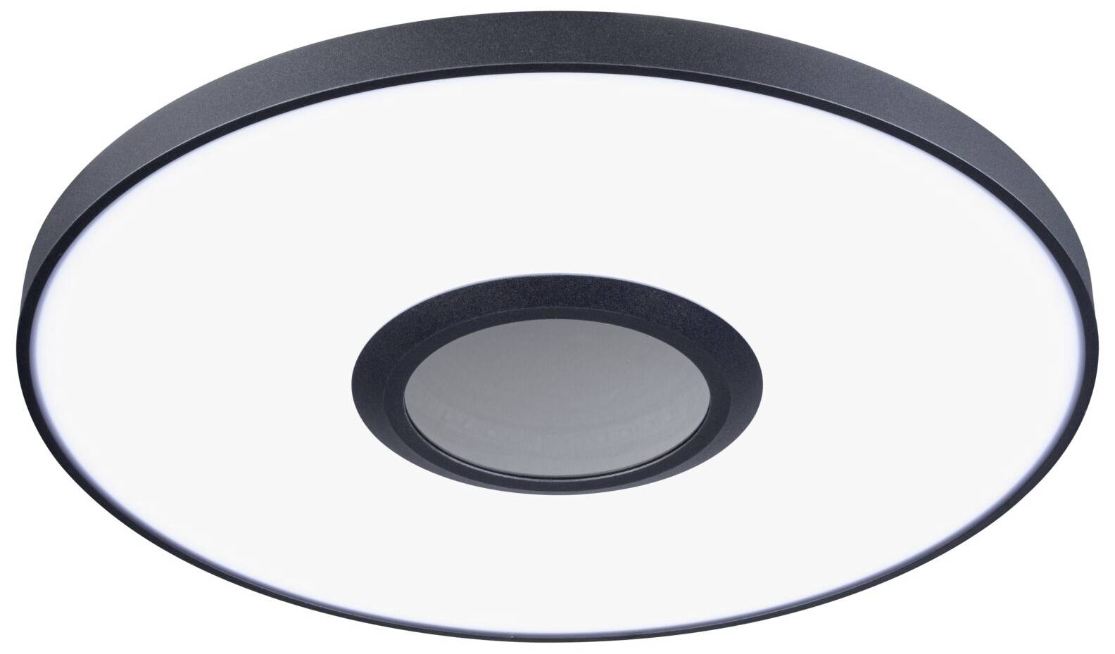 Rund, sort loftslampe med stort, centralt, hvidt lysområde, velegnet til moderne indretning.