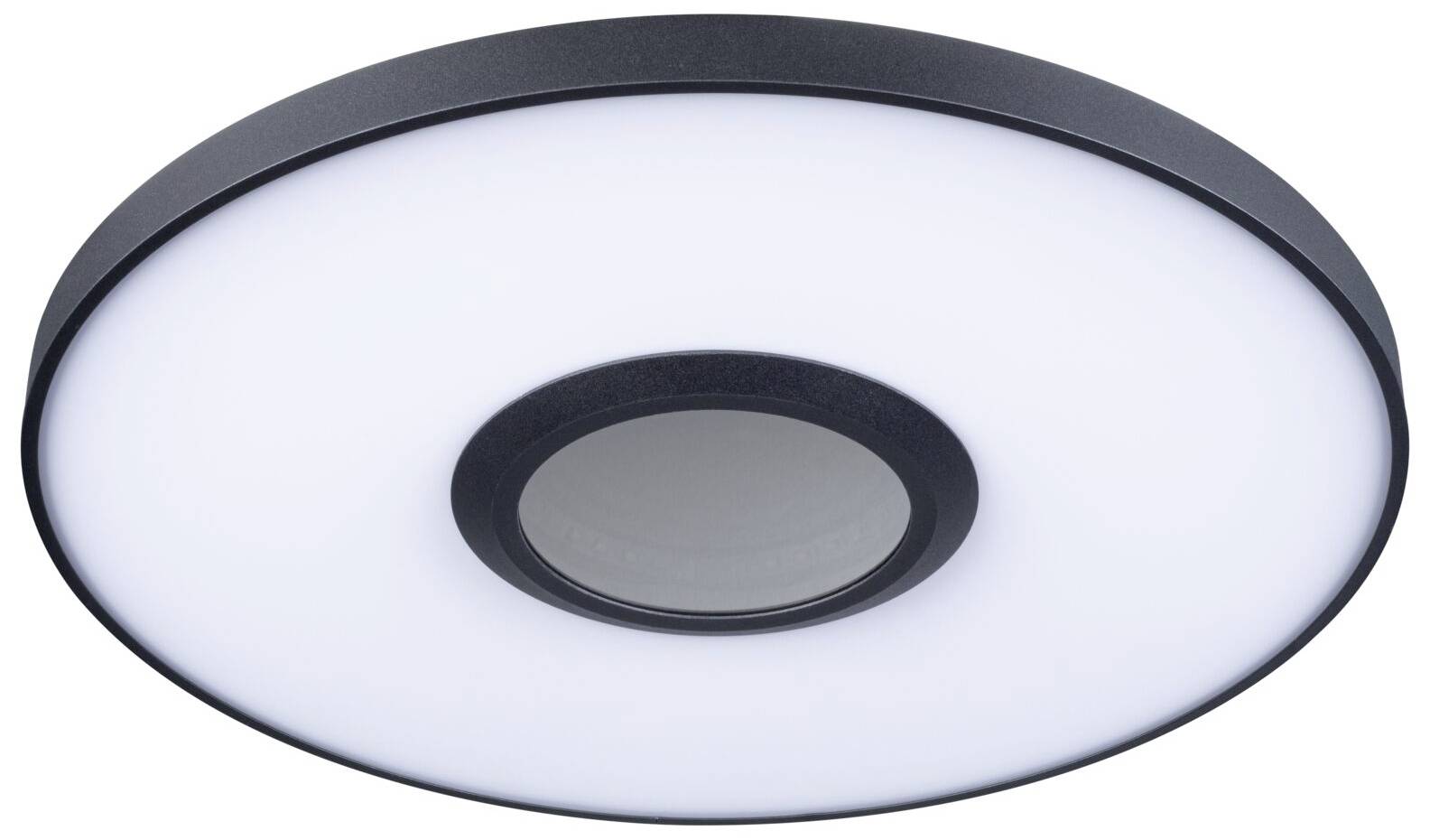 Sort rund loftslampe med hvidt lysende panel, moderne og enkelt i designet, egnet til stue eller kontor.