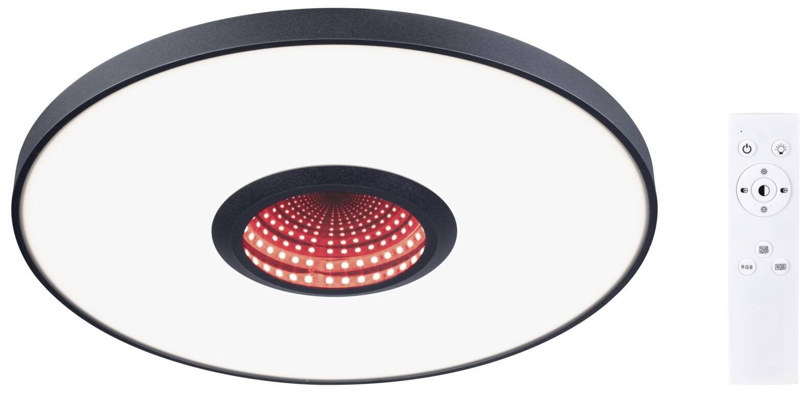 Rund LED-loftlampe med cirkulært, lysende mønster i midten. Til højre ved siden af er en fjernbetjening vist.