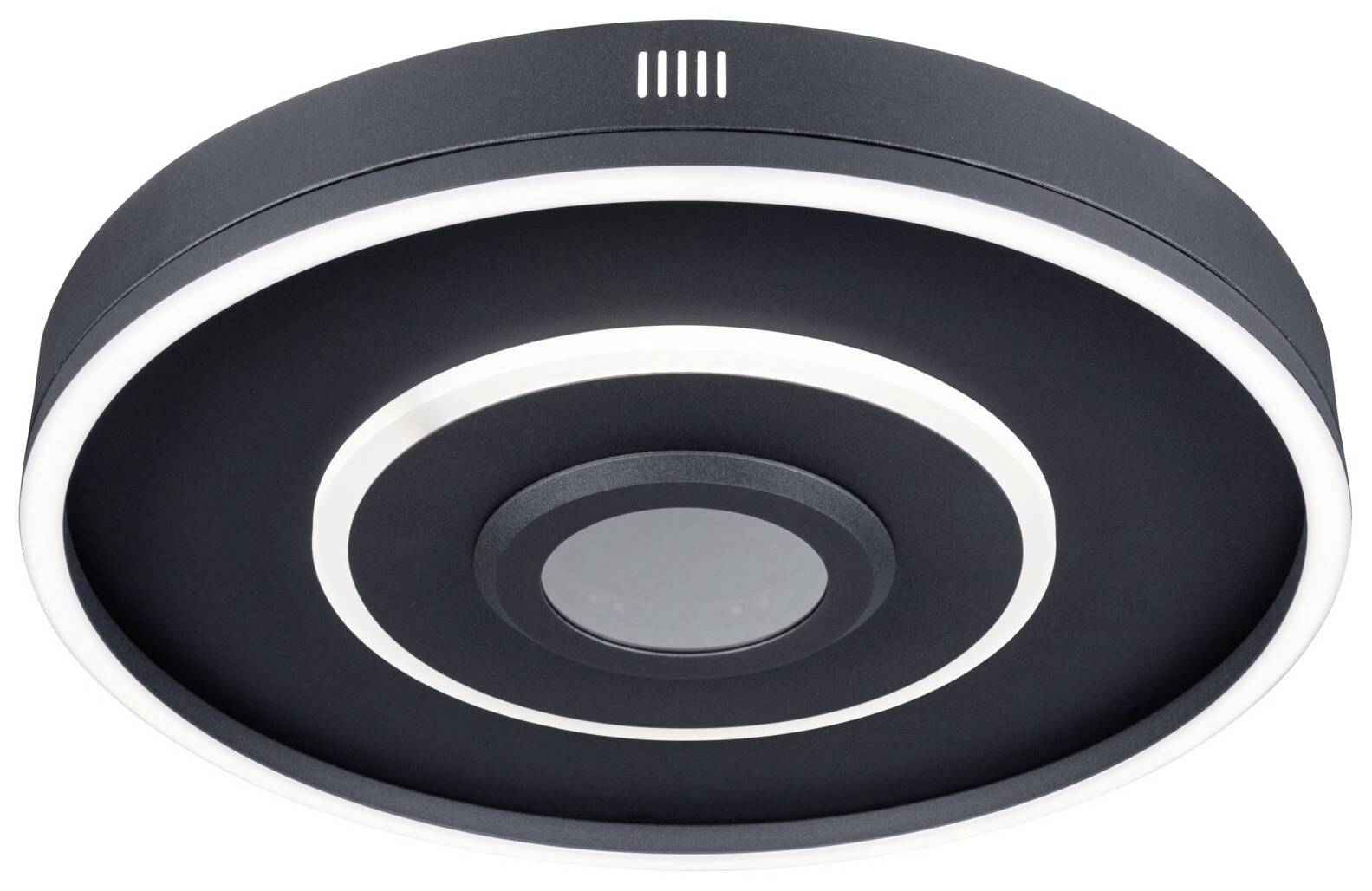 Rund, moderne loftslampe i sort med hvide LED-ringe, velegnet til stue og arbejdsrum.