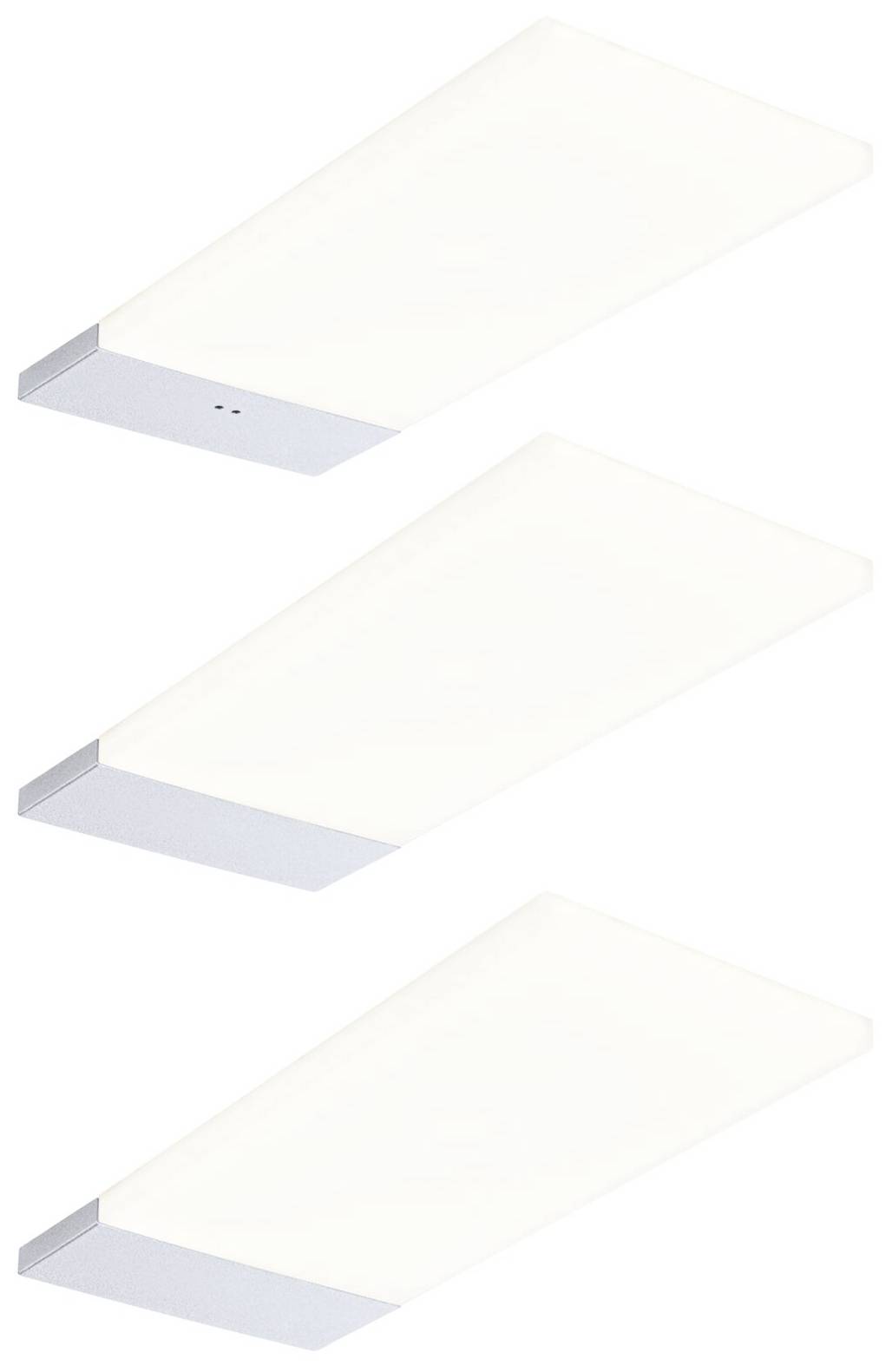 Tre enkle, rektangulære LED-loftslamper i hvid, monteret ved siden af hinanden. Hver lampe har en sølvfarvet kant.