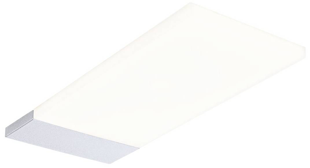 Rektangulær, moderne LED-loftslampe med sølvfarvet kant og mælkehvid afdækning, som udsender diffust lys.