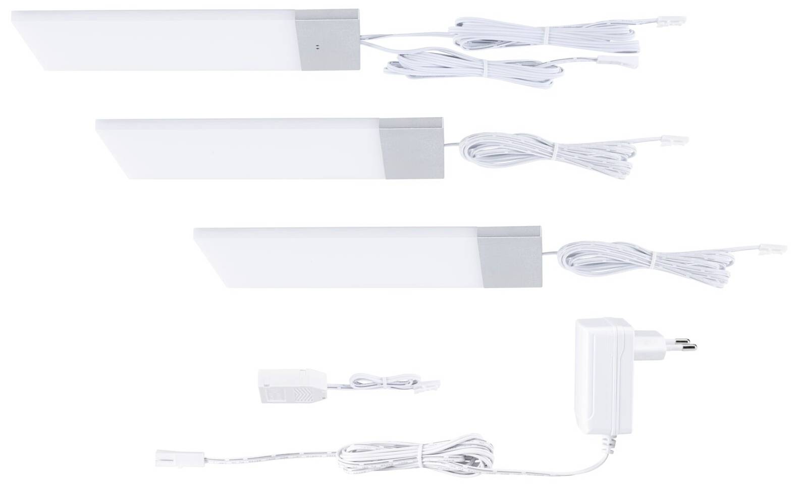 Tre rektangulære LED-lamper med strømkabler, en adapter og en mellemstik til tilslutning.