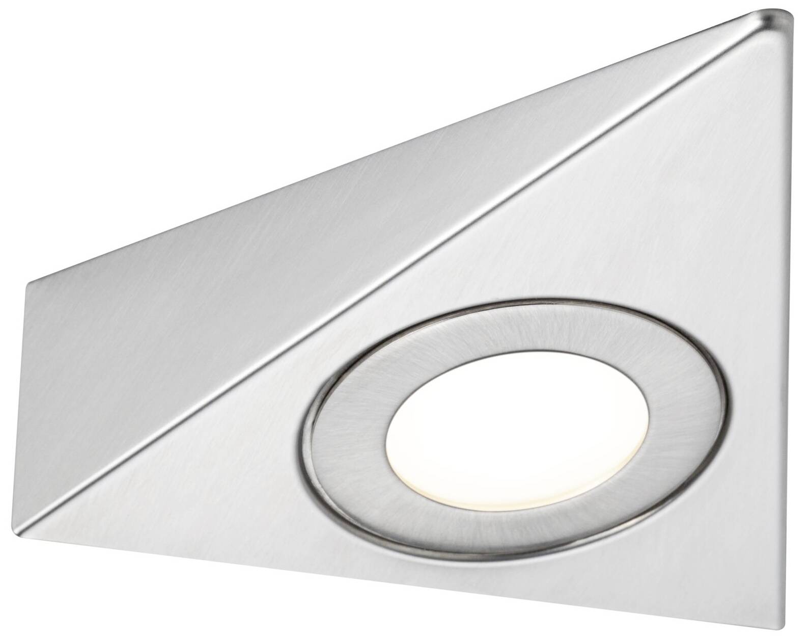 Trekantet indbygningslampe i metal med en rund lyskilde i midten, moderne og stilfuldt design.