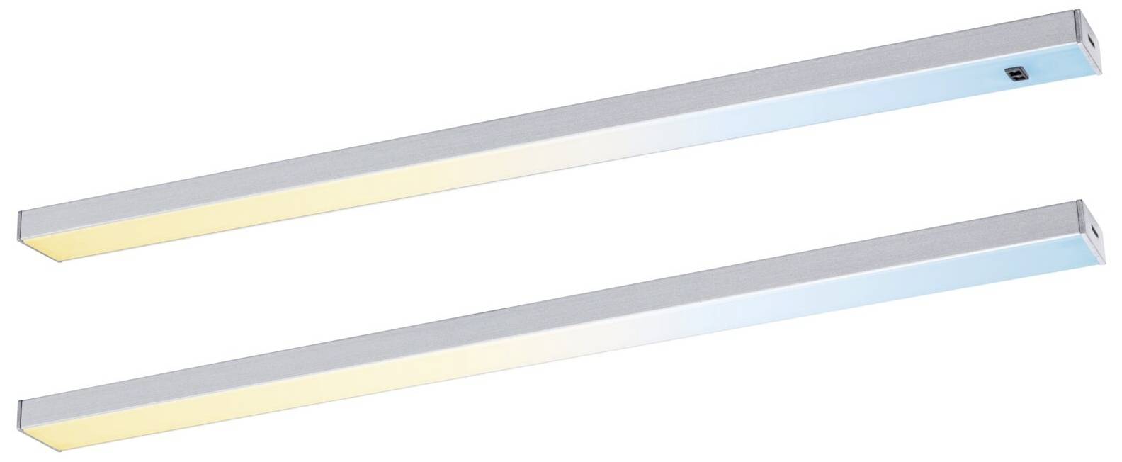To rette LED-lamper placeret ved siden af hinanden, som foroven lyser gulligt og forneden blåligt. Begge er rektangulære og har en kontakt.