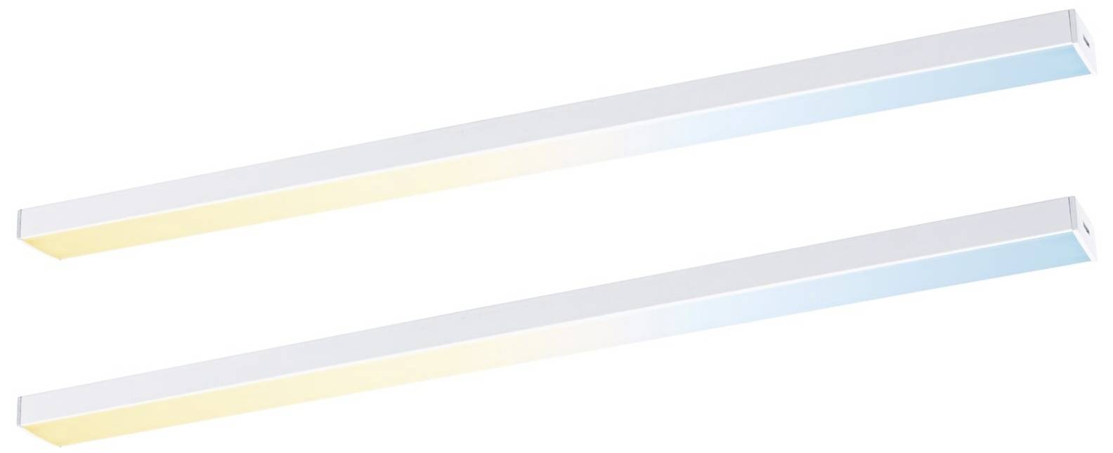 To flade LED-armaturer, en i varmt hvidt lys, den anden i koldt hvidt lys, begge i moderne, elegant design.