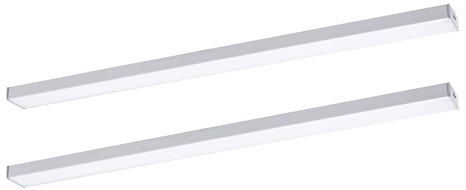 To lange, enkle LED-lamper i hvid, placeret parallelt ved siden af hinanden; velegnet til moderne interiører.