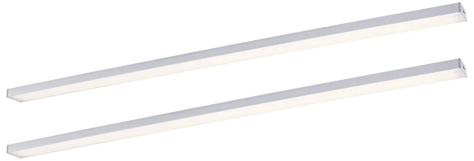 To elegante, aflange LED-armaturer i neutral tone, perfekte til belysning af rum eller arbejdsområder.