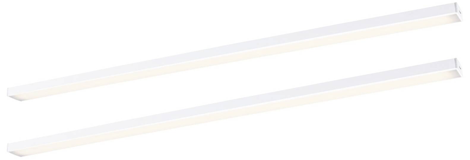 To lange, slanke LED-lysbjælker i hvid, placeret parallelt. De er minimalistisk designet og egner sig perfekt til moderne belysning.