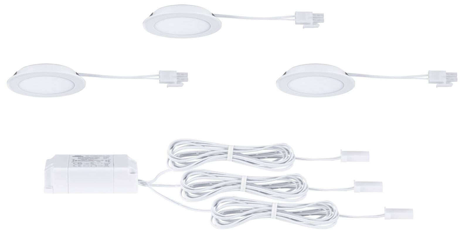 Tre runde LED-lamper med kabler og transformer, egnet til indbygning i lofter eller vægge. Ideel til akcentbelysning.