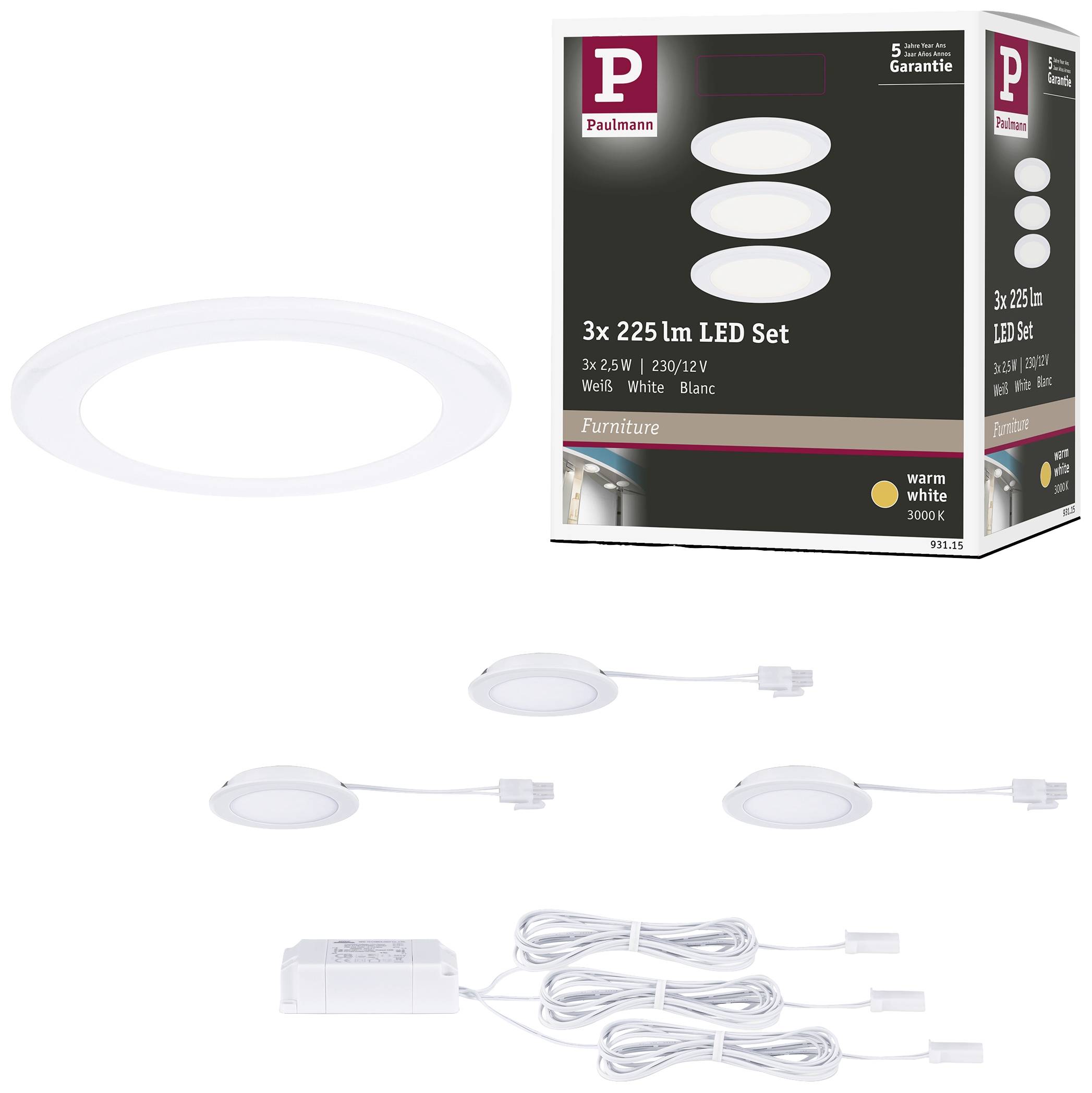 LED-indbygningslamper til møbelbelysning, 3x 225 lumen, 2900 Kelvin, varmt hvidt lys. Indeholder lamper og transformer i hvid.