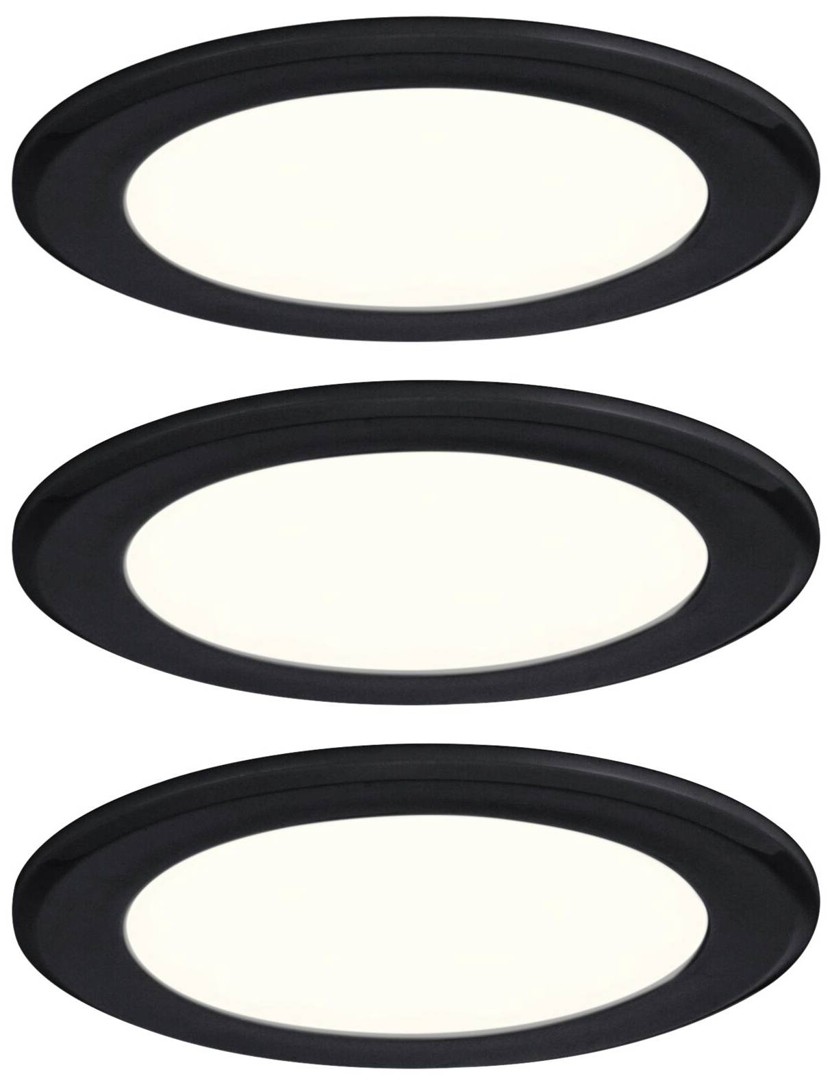Tre sorte, runde LED-loftslamper med hvidt lysende overflade, placeret i ensartet orden oven på hinanden.