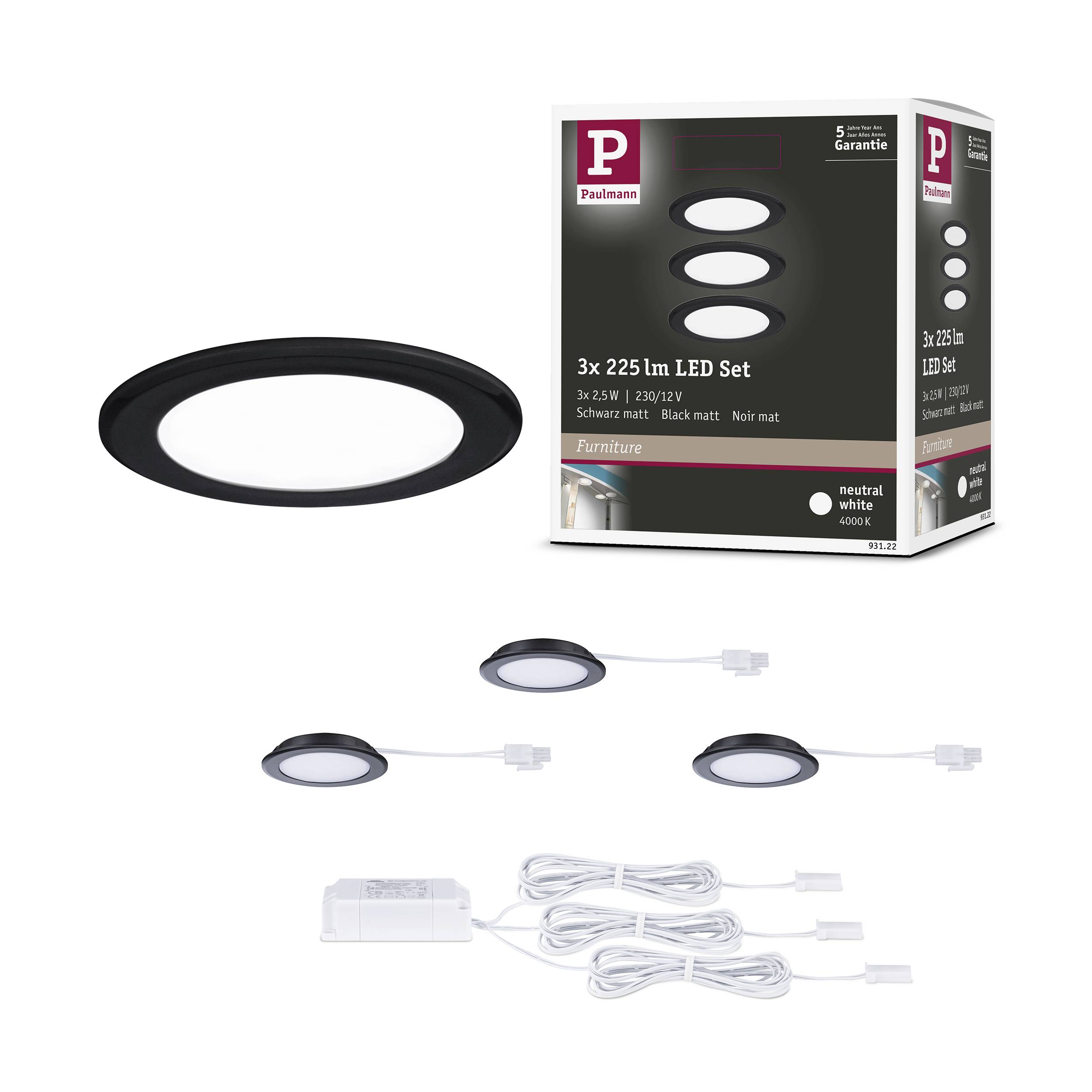 LED-sæt med tre runde indbygningslamper, mat sort ramme, inkl. kabel og transformer. Emballagen viser produktafbildning.
