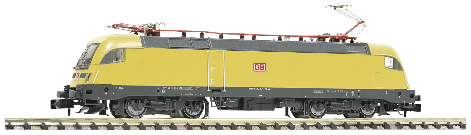 Gul elektrisk lokomotiv fra Deutsche Bahn på et spor. Profilvisning.