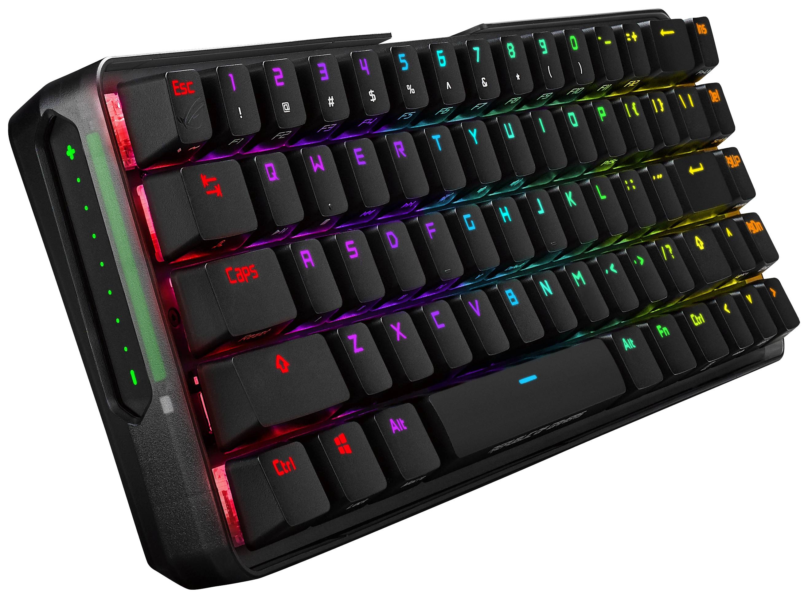 Gaming-tastatur med farverig belyst tastatur i regnbuens farver. Kompakt design, perfekt til PC-spillere og programmører.