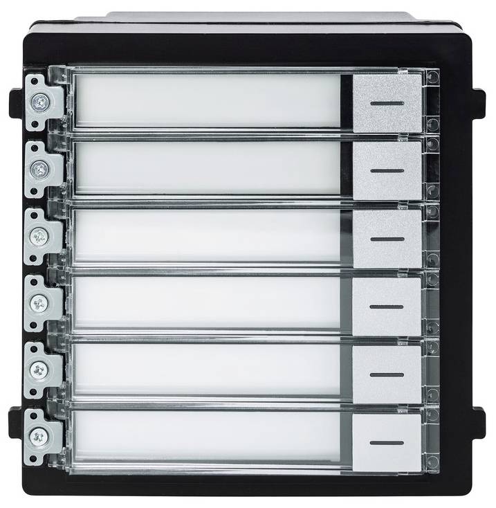 Et rektangulært ventilationsapparat med seks vandrette ventilationslameller i en sort ramme, egnet til industrielle anvendelser.