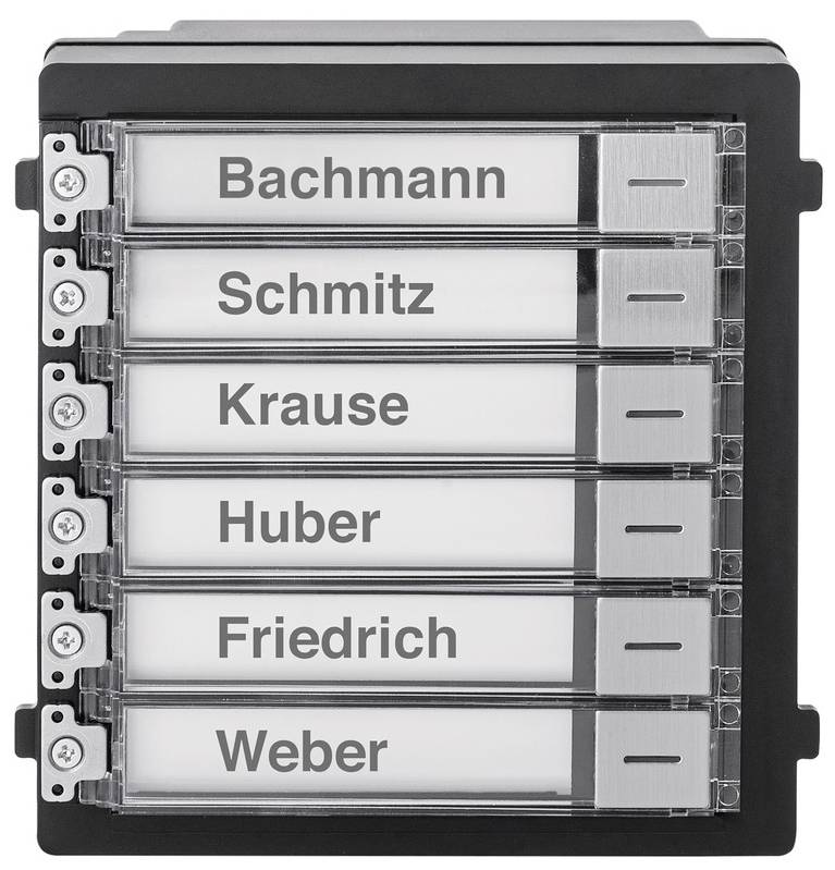 Dørtelefonsystem med seks navneskilte: Bachmann, Schmitz, Krause, Huber, Friedrich, Weber.