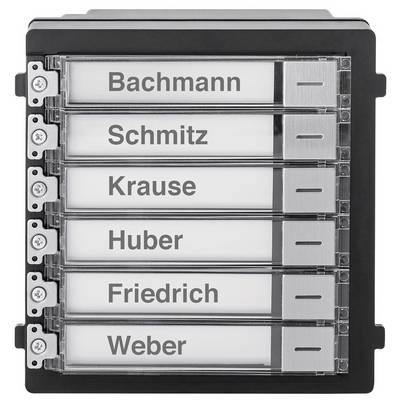 Dørtelefonsystem med seks navneskilte: Bachmann, Schmitz, Krause, Huber, Friedrich, Weber.