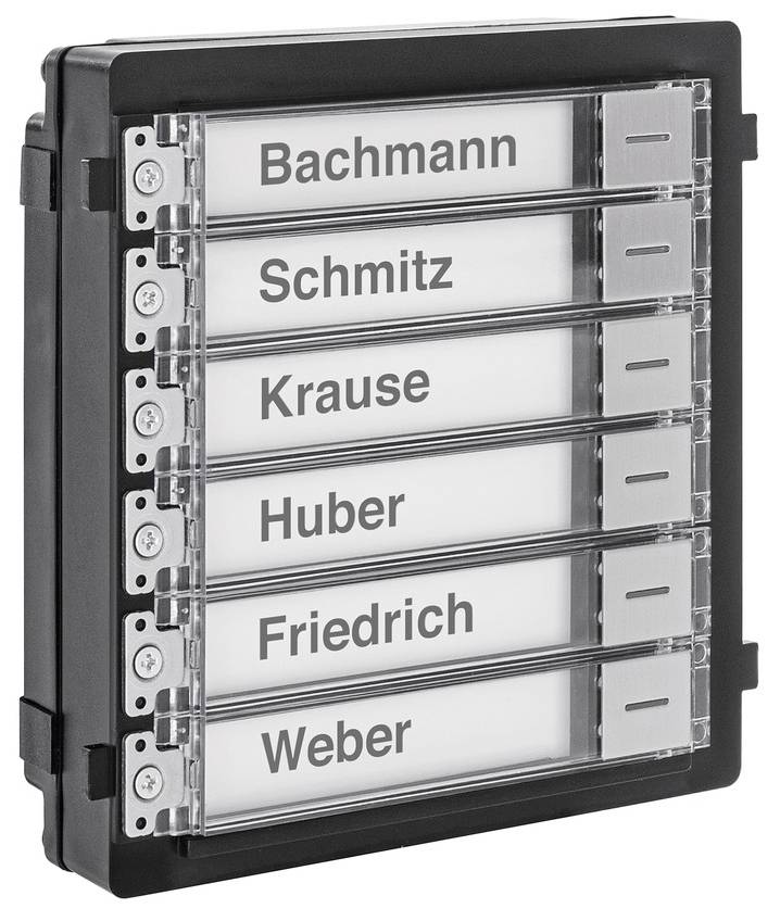 'Dørtelefonsystem med seks navneskilte: Bachmann, Schmitz, Krause, Huber, Friedrich, Weber.'