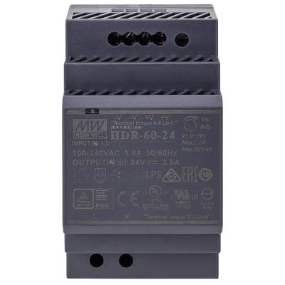 Strømforsyning MEAN WELL HDR-60-24, input 100-240VAC, output 24V 2.5A, egnet til DIN-skinnemontage, maks. 60 watt.