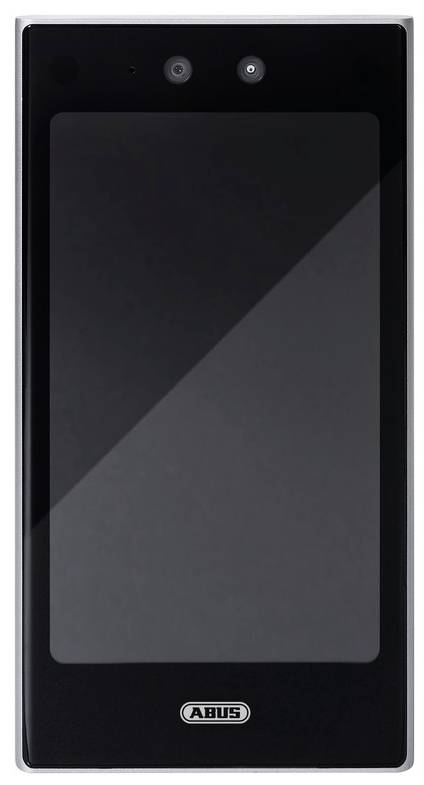 En sort videoskærm til sikkerhedsdør med to kameraer og en stor skærm. Mærkenavn nederst, ingen synlige symboler.