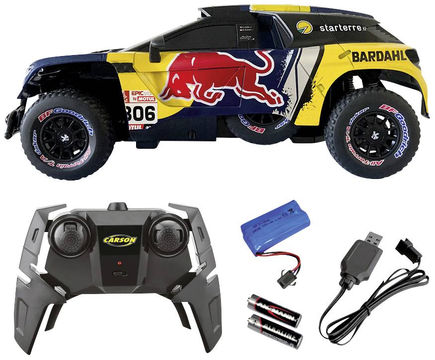 RC-bil med blå-gul racerdesign, iøjnefaldende logoer og mærkater. Inkluderer fjernbetjening, batteri, batterier og oplader.