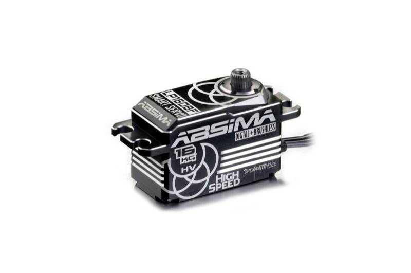 Et sort, digitalt høyhastighets servo med påskriften 'Absima 16kg HV Digital Brushless'.