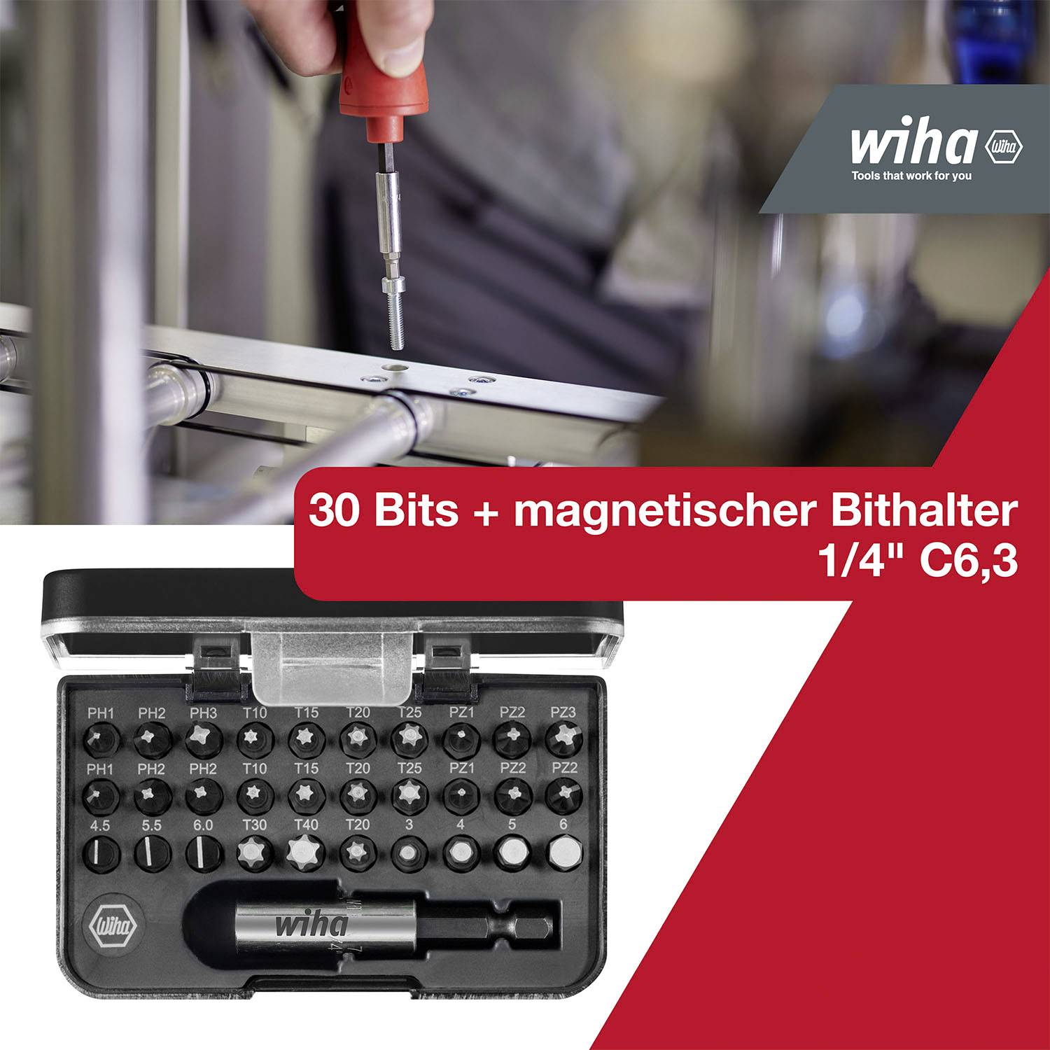'Wiha' Bit-sæt, 30 bits med magnetisk bitholder, 1/4" C6,3. Nærbillede af skruetrækkeres praktiske anvendelse.