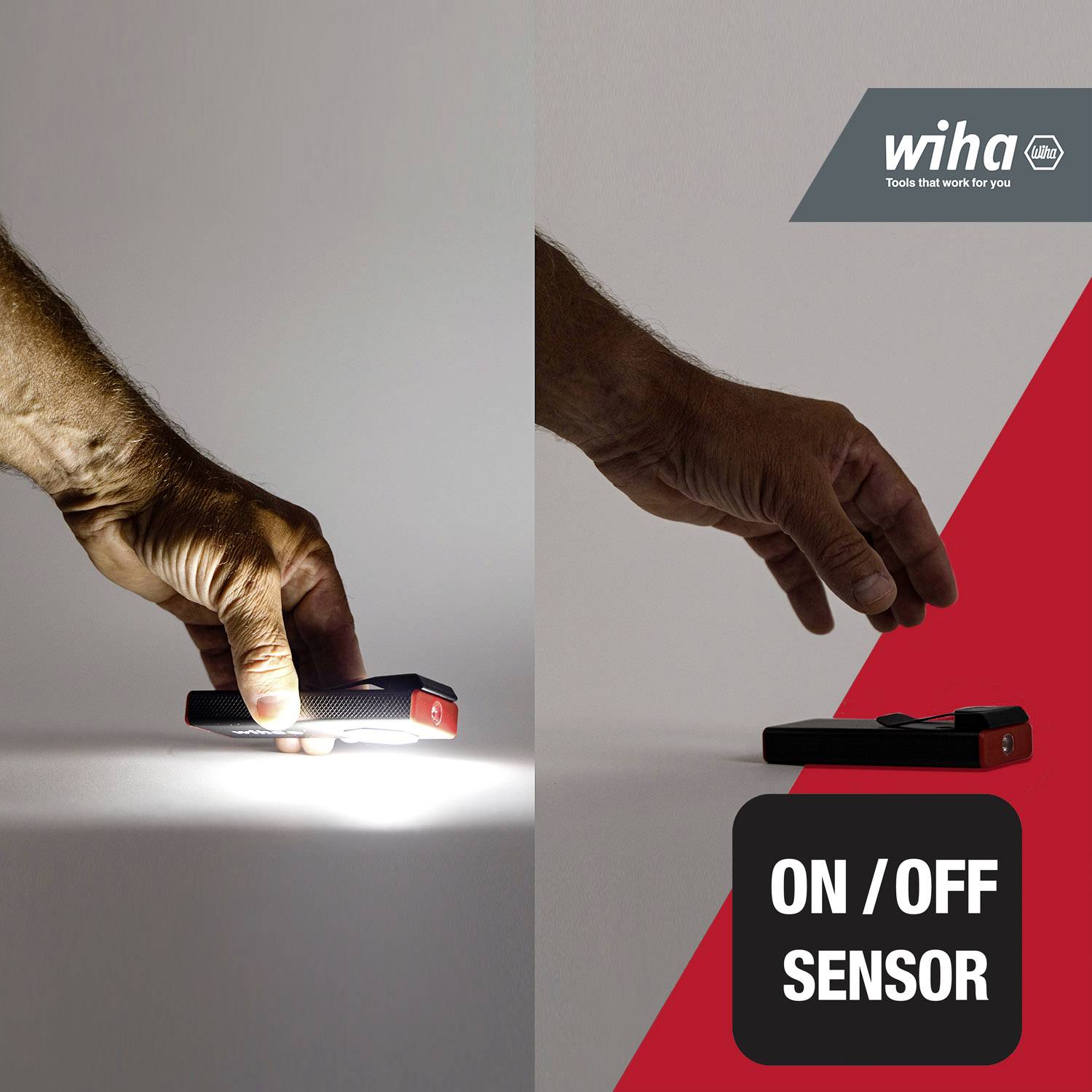 'Højre hånd betjener lommelygte med bevægelsessensor. Tekst "TIL/FRA SENSOR". Logo øverst til højre. Baggrund grå-rød.'