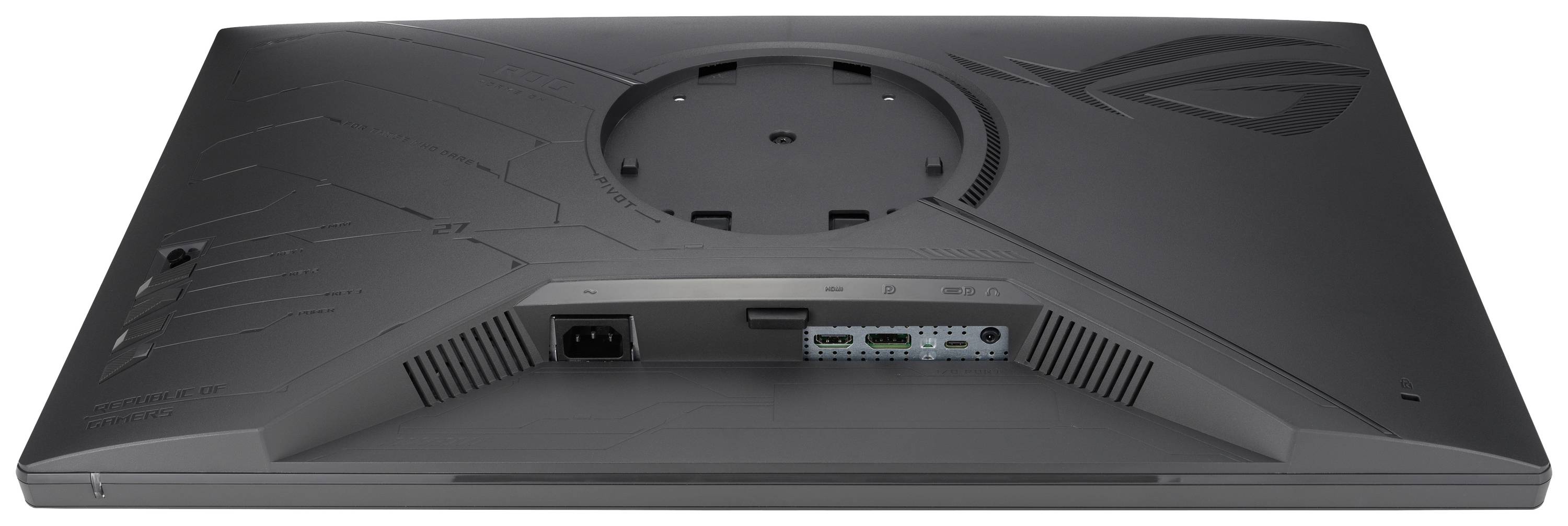 Bagside af en computerskærm med flere tilslutninger, herunder HDMI og DisplayPort, samt en monteringsbeslag øverst.