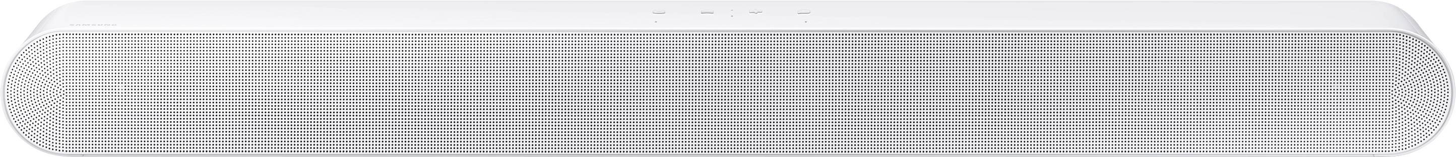 Hvid soundbar med minimalistisk design, bestående af et smalt, rektangulært kabinet og forsynet med et gitter på forsiden.