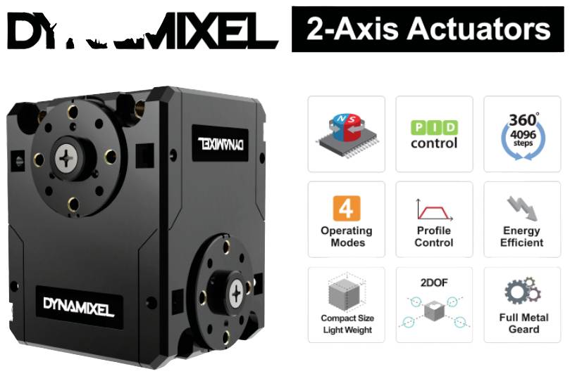 DYNAMIXEL 2-akslede aktuatorer med funktioner: PID-styring, 360°-trin, 4 driftstilstande, profilkontrol, energieffektiv, kompakt, 2DOF, fuld metalgearkasse.