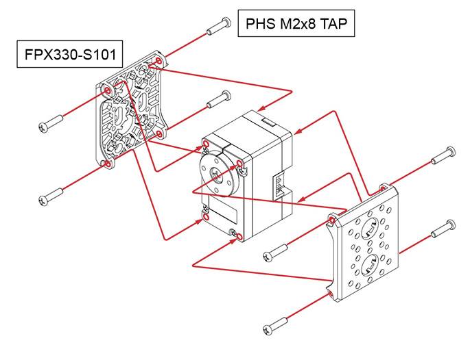 Eksplosionsdiagram af en enhed med midterenheden og to sideplader forbundet med røde linjer og skruer.