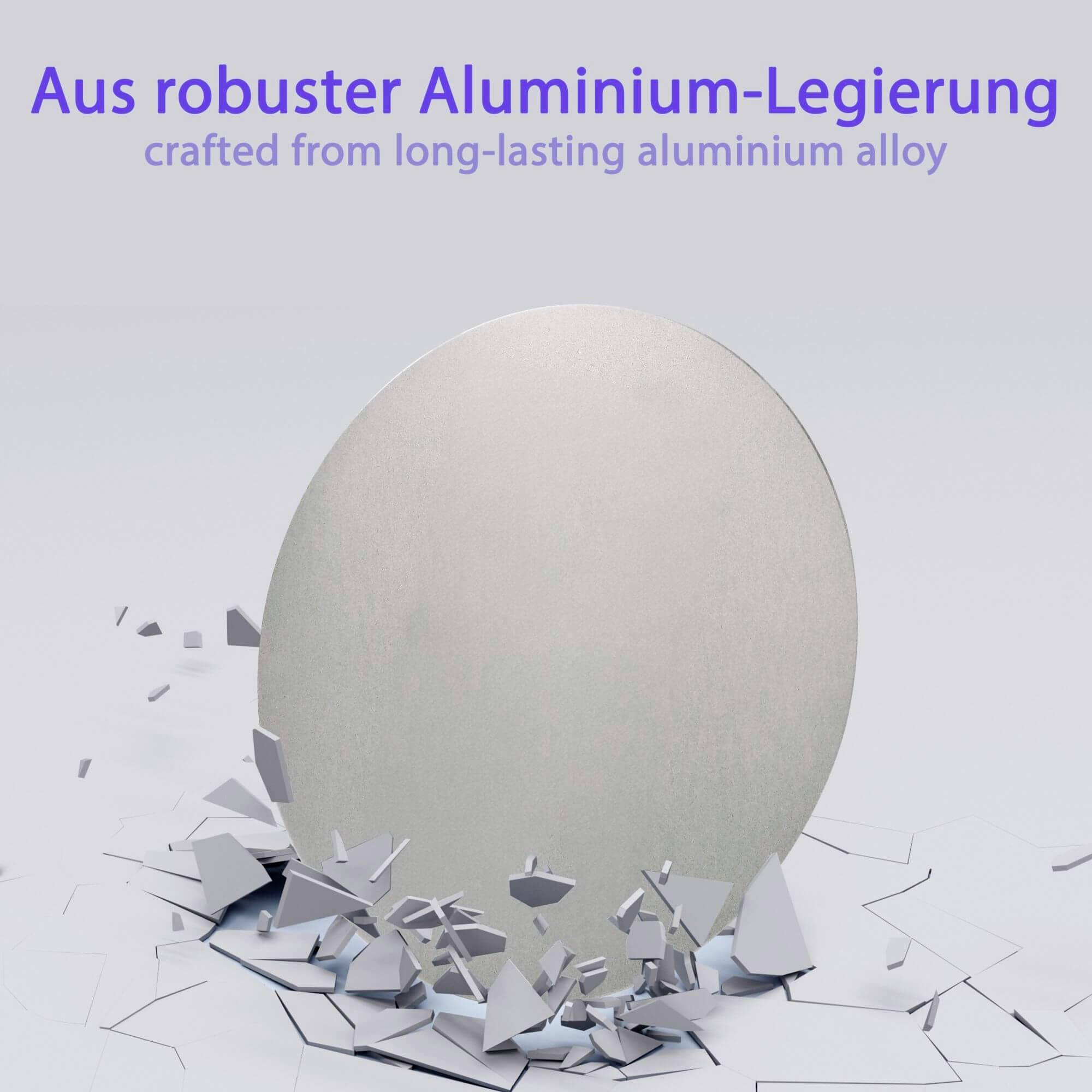 'En robust aluminiumslegering, uødelæggelig, står på knuste bundstykker. Tekst: Fremstillet af robust aluminiumslegering.'