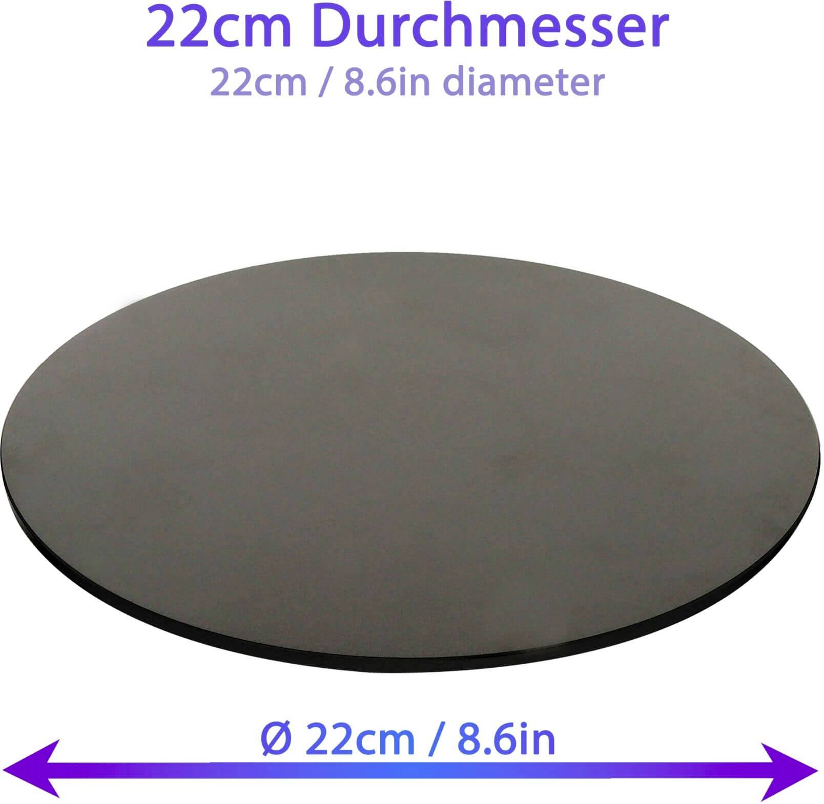 Sort skive med en diameter på 22 cm (8,6 tommer). Denne vises øverst og nederst med den samme måleenhed.