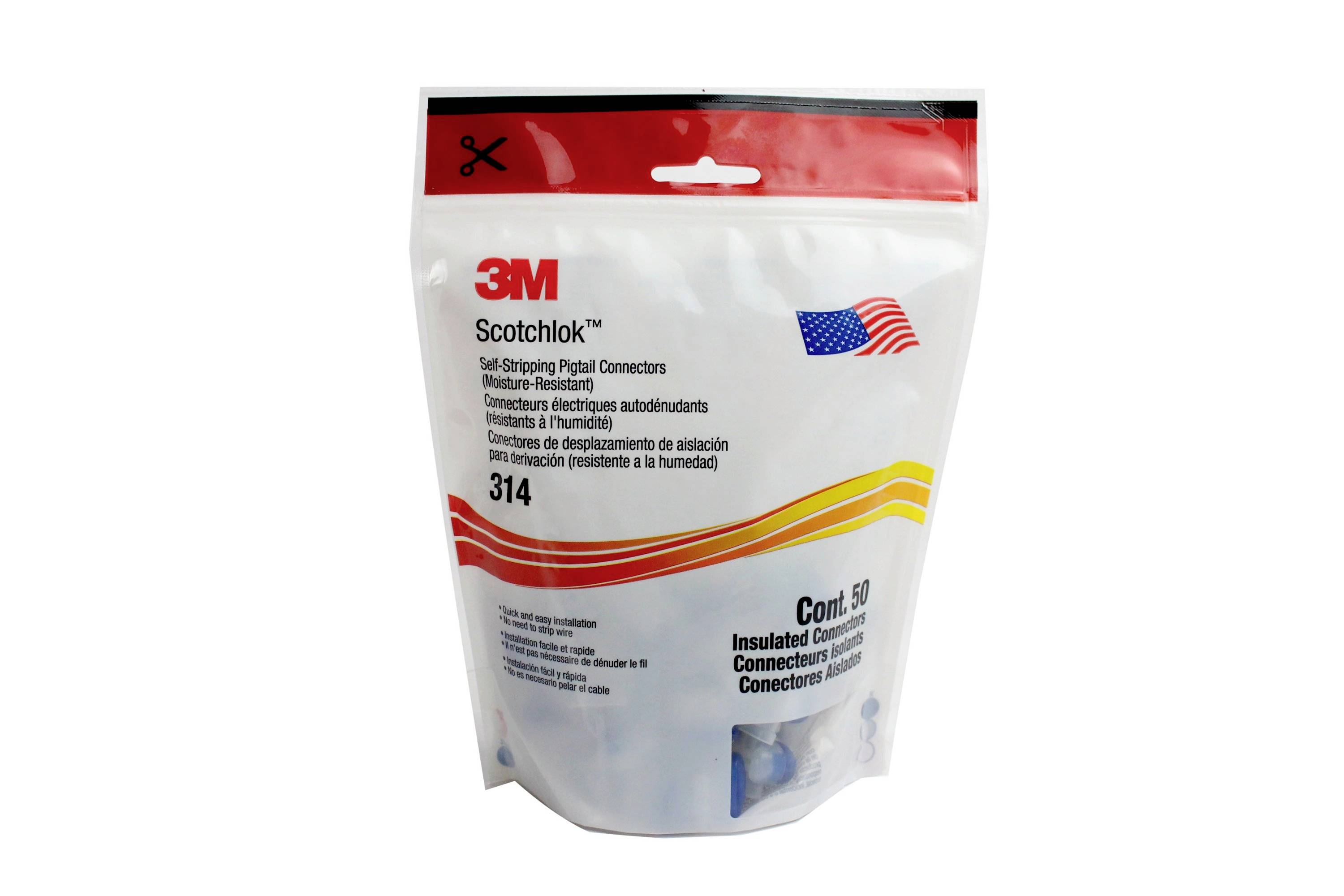 Plastikpose fra 3M med påskriften 'Scotchlok'. Indeholder 50 isolerede elektriske forbindere. Viser det amerikanske flag og modstandsdygtighed mod fugt.