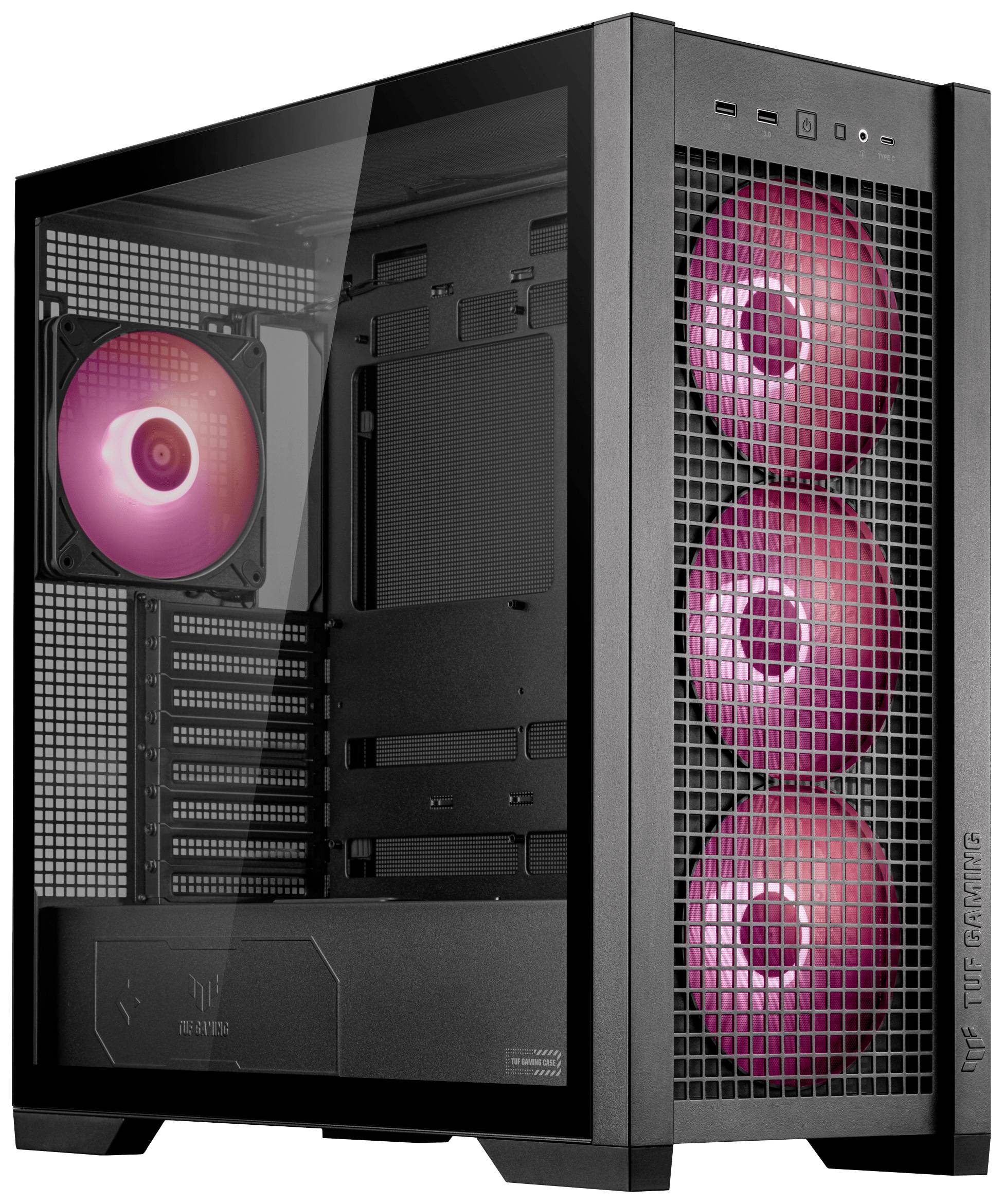 Sort computerkabinet med gennemsigtigt sidepanel, der viser fire rødt belyste blæsere.
