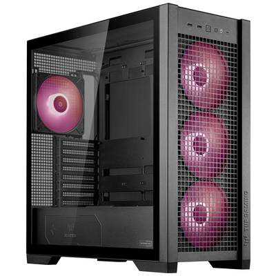Sort computerkabinet med gennemsigtigt sidepanel, der viser fire rødt belyste blæsere.
